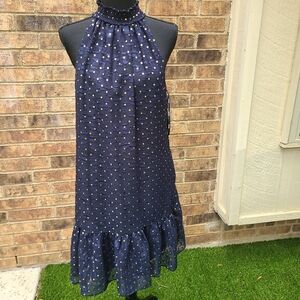 Kensie New Halter Neck Dress. Gold Polka dot Mini Dress Size 6. Blue Navy Dress